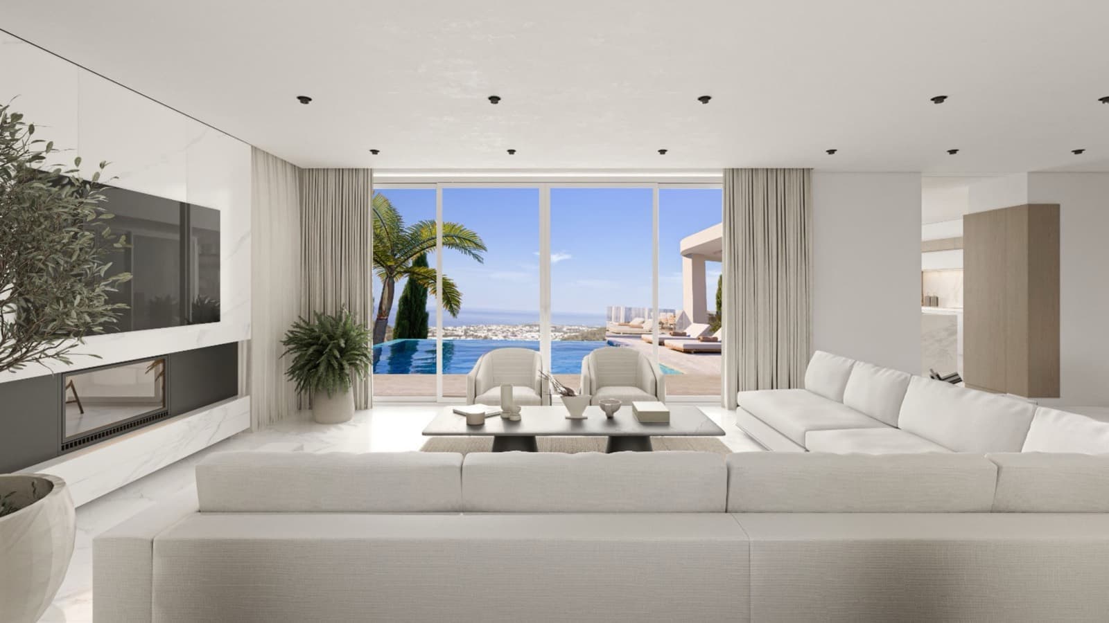 A Mediterranean-facing living area at Karmi Villas. Architectural rendering.